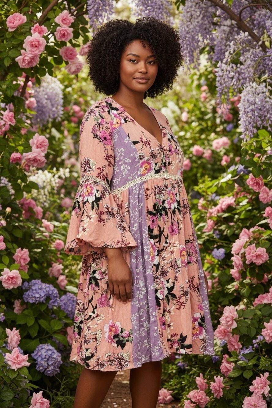 Floral Patchwork V-Neck Midi Dress in Blush and Lavender